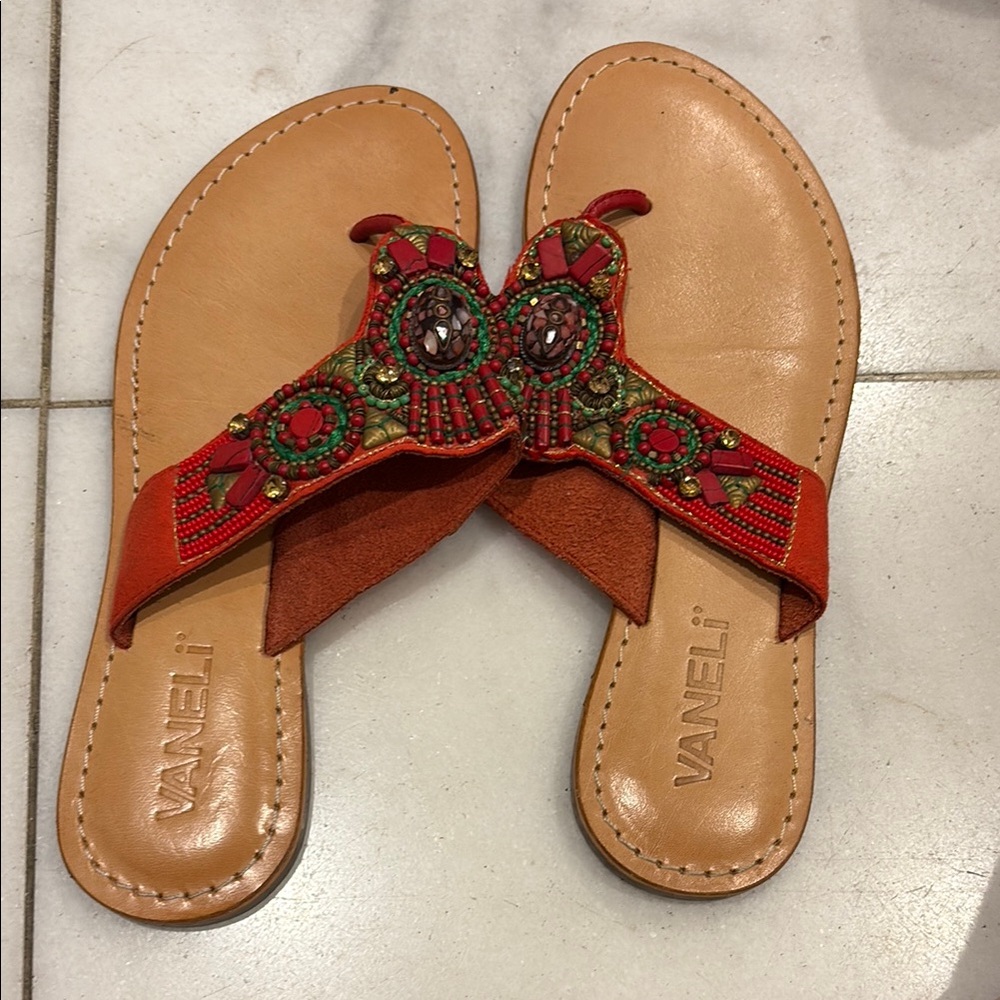 Vaneli Red and Tan Beaded Sandals Slip-On Style